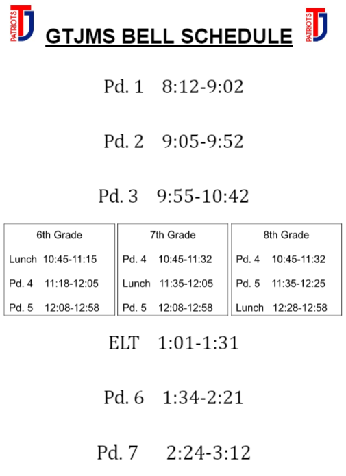 Bell Schedule Gov. Thomas Johnson Middle